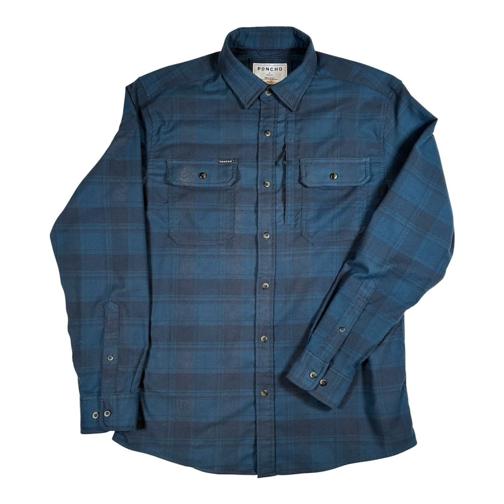 Poncho Mens M Blue Plaid Slim Fit Long sleeve Fishing Performance Flannel Shirt